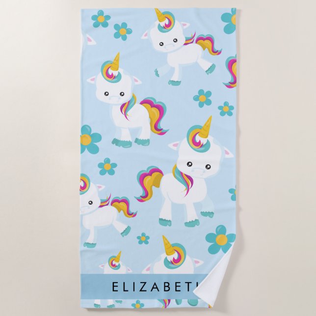 Pattern Of Unicorns, Cute Unicorns, Your Name Beach Towel (Front)