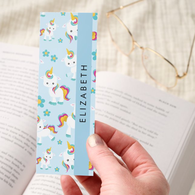 Pattern Of Unicorns, Cute Unicorns, Your Name Bookmarks (Hand)