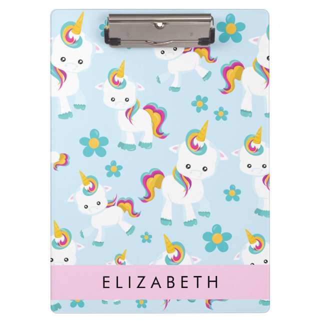 Pattern Of Unicorns, Cute Unicorns, Your Name Clipboard (Front)