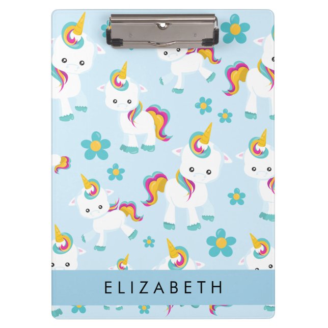 Pattern Of Unicorns, Cute Unicorns, Your Name Clipboard (Front)