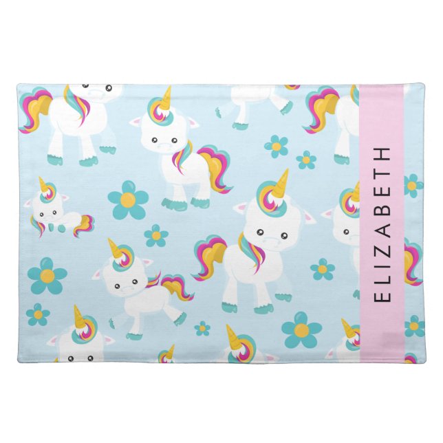 Pattern Of Unicorns, Cute Unicorns, Your Name Cloth Placemat (Front)