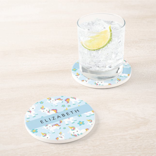 Pattern Of Unicorns, Cute Unicorns, Your Name Coaster (Side)