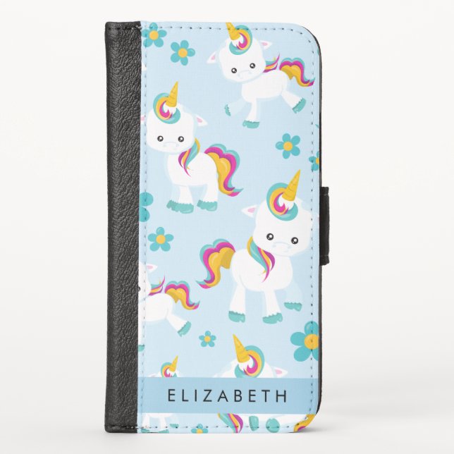 Pattern Of Unicorns, Cute Unicorns, Your Name iPhone Wallet Case (Front)