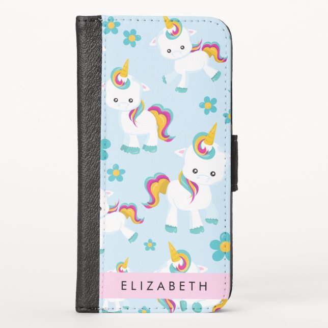 Pattern Of Unicorns, Cute Unicorns, Your Name iPhone Wallet Case (Front)