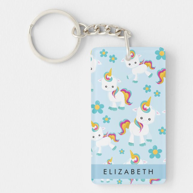 Pattern Of Unicorns, Cute Unicorns, Your Name Keychain (Front)