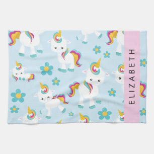 Pattern Of Unicorns, Cute Unicorns, Your Name Kitchen Towel