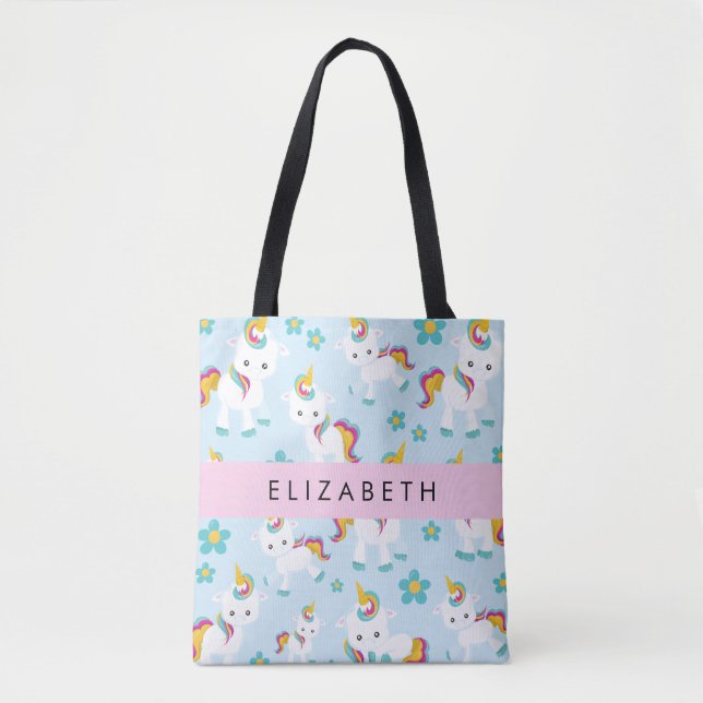 Pattern Of Unicorns, Cute Unicorns, Your Name Tote Bag (Front)
