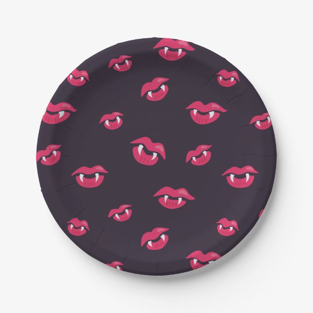 Pattern Of Vampire Lips And Fangs Paper Plates (Front)