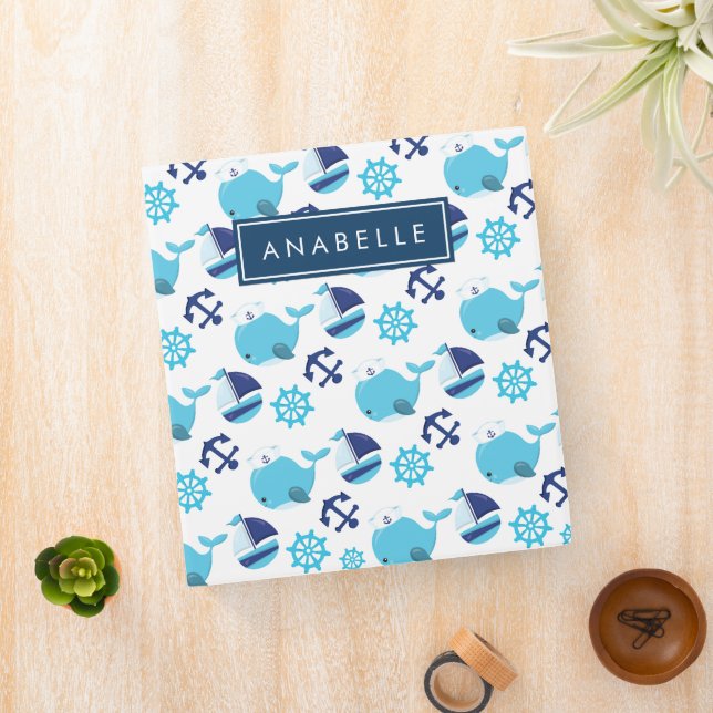 Pattern Of Whales, Blue Whales, Your Name 3 Ring Binder (In Situ)
