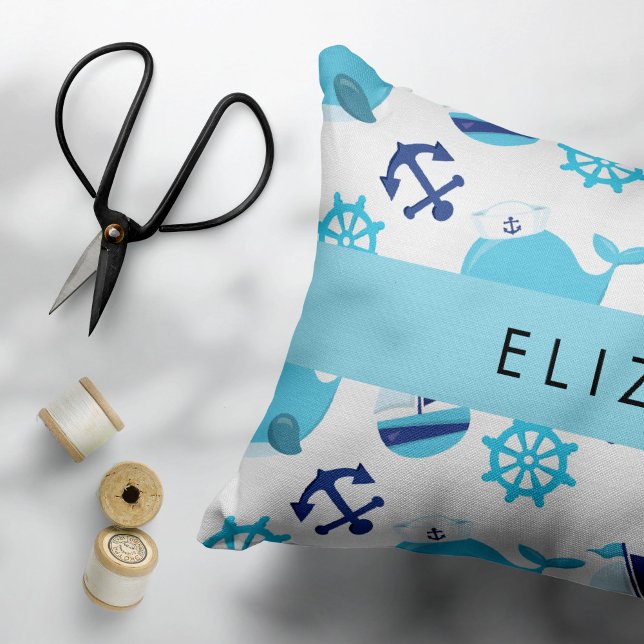 Pattern Of Whales, Blue Whales, Your Name Accent Pillow (Creator Uploaded)