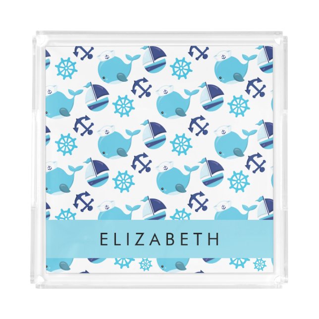 Pattern Of Whales, Blue Whales, Your Name Acrylic Tray (Front)