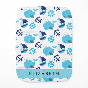 Pattern Of Whales, Blue Whales, Your Name Baby Burp Cloth