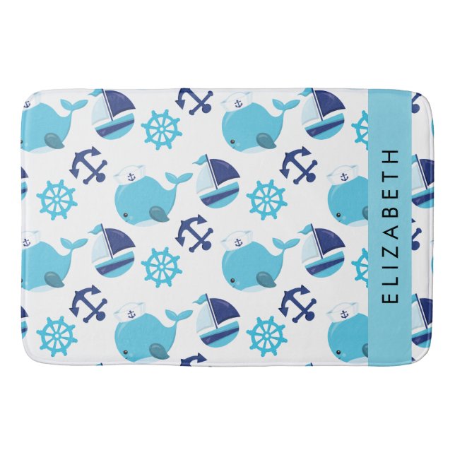 Pattern Of Whales, Blue Whales, Your Name Bath Mat (Front)