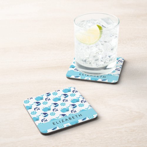 Pattern Of Whales Blue Whales Your Name Beverage Coaster