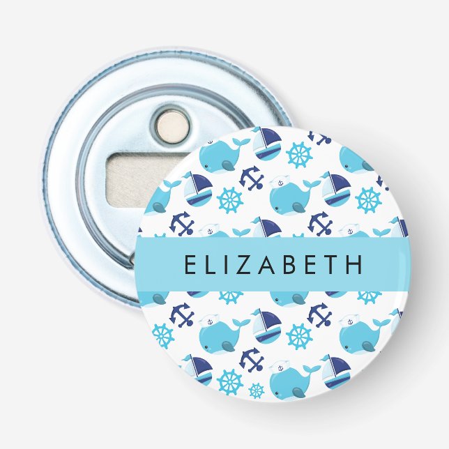 Pattern Of Whales, Blue Whales, Your Name Bottle Opener (Front)