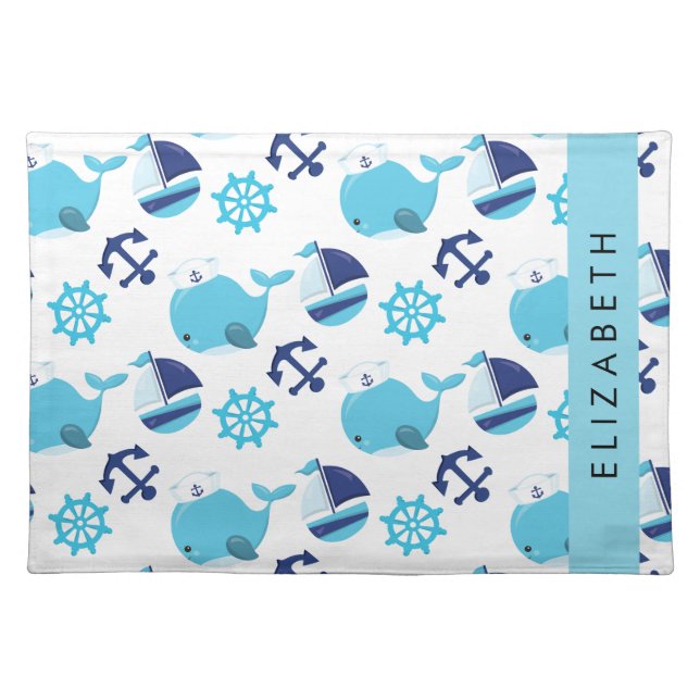 Pattern Of Whales, Blue Whales, Your Name Cloth Placemat (Front)