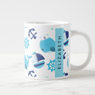 Pattern Of Whales, Blue Whales, Your Name Giant Coffee Mug