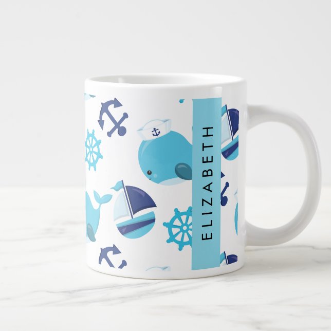 Pattern Of Whales, Blue Whales, Your Name Giant Coffee Mug (Right)