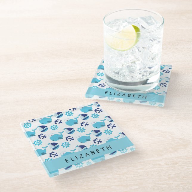 Pattern Of Whales, Blue Whales, Your Name Glass Coaster (Angled)