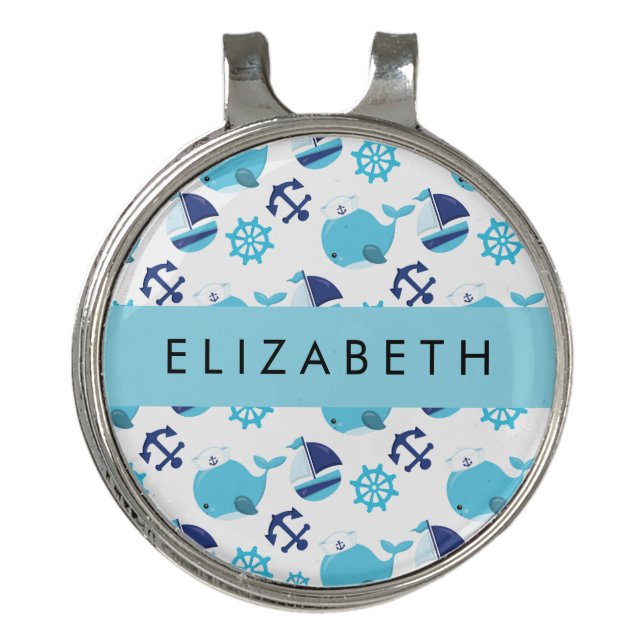 Pattern Of Whales, Blue Whales, Your Name Golf Hat Clip (Front)