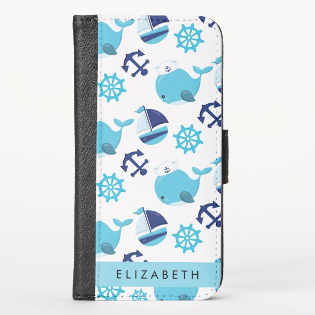 Pattern Of Whales, Blue Whales, Your Name iPhone Wallet Case (Front)