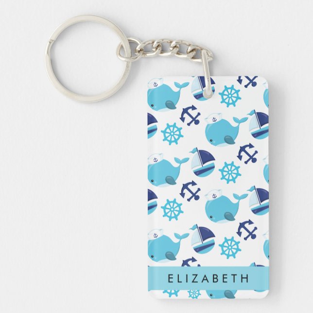 Pattern Of Whales, Blue Whales, Your Name Keychain (Front)