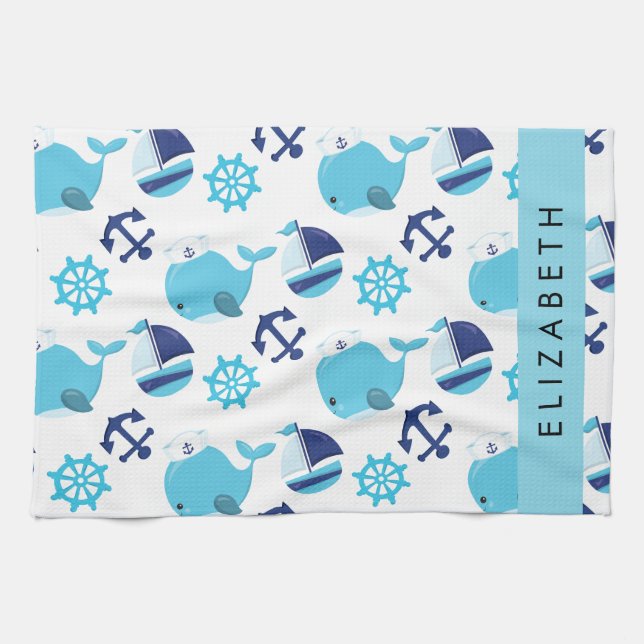 Pattern Of Whales, Blue Whales, Your Name Kitchen Towel (Horizontal)