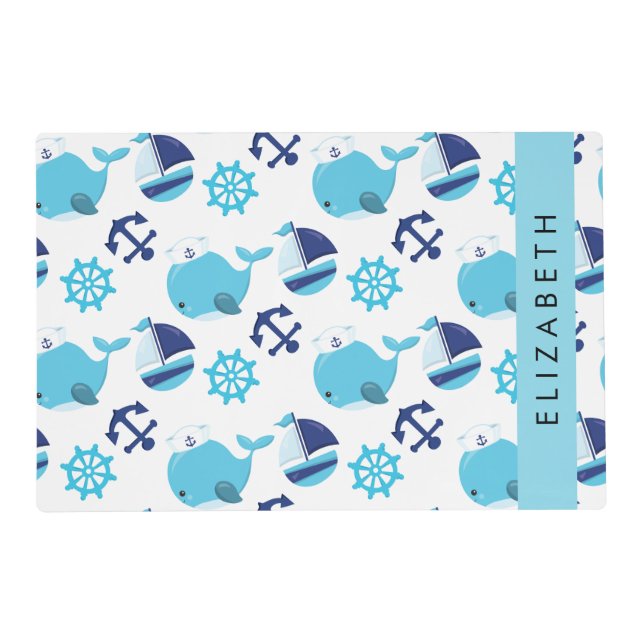 Pattern Of Whales, Blue Whales, Your Name Placemat (Front)