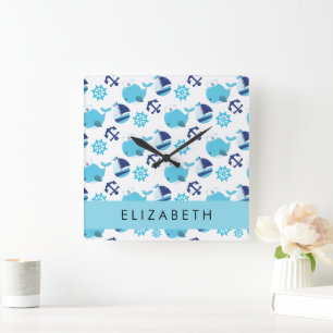 Pattern Of Whales, Blue Whales, Your Name Square Wall Clock