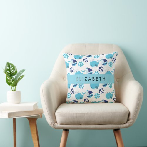 Pattern Of Whales Blue Whales Your Name Throw Pillow