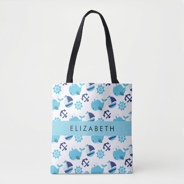 Pattern Of Whales, Blue Whales, Your Name Tote Bag (Front)