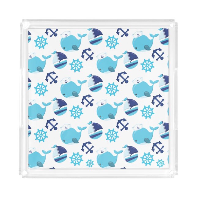 Pattern Of Whales, Cute Whales, Blue Whales Acrylic Tray (Front)