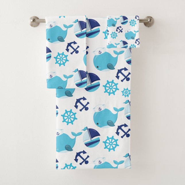 Pattern Of Whales, Cute Whales, Blue Whales Bath Towel Set (Insitu)