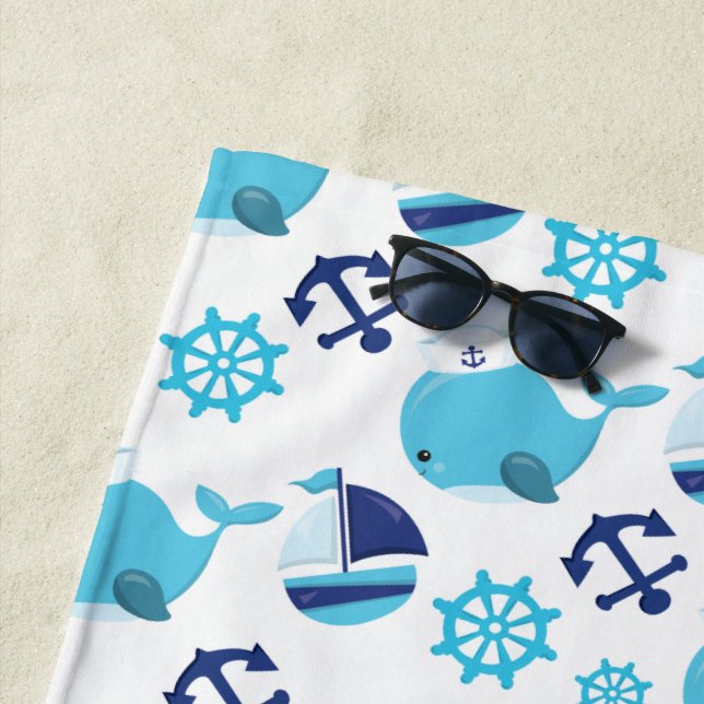 Pattern Of Whales, Cute Whales, Blue Whales Beach Towel (In Situ)