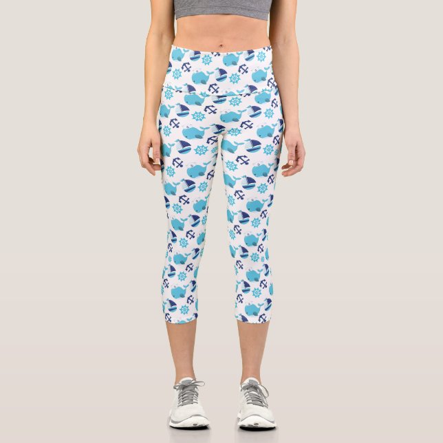 Pattern Of Whales, Cute Whales, Blue Whales Capri Leggings (Front)