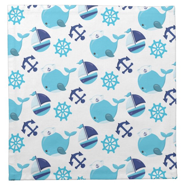 Pattern Of Whales, Cute Whales, Blue Whales Cloth Napkin (Front)