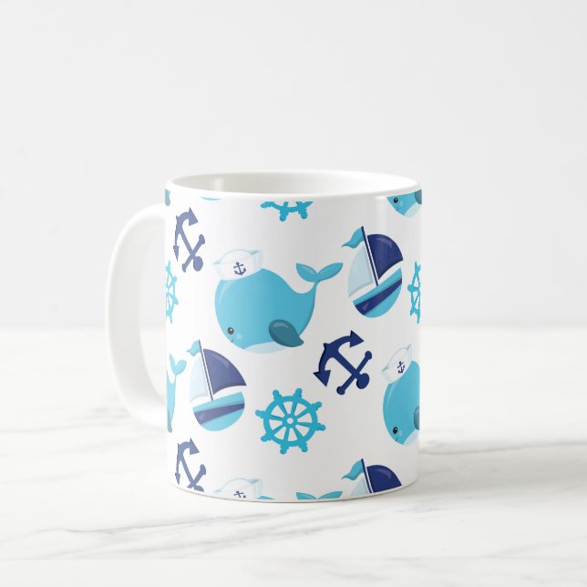 Pattern Of Whales, Cute Whales, Blue Whales Coffee Mug (Front Left)
