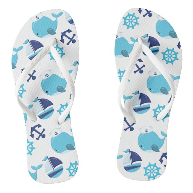 Pattern Of Whales, Cute Whales, Blue Whales Flip Flops (Footbed)