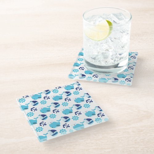 Pattern Of Whales Cute Whales Blue Whales Glass Coaster