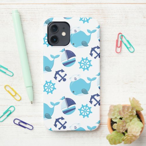 Pattern Of Whales Cute Whales Blue Whales iPhone 12 Case