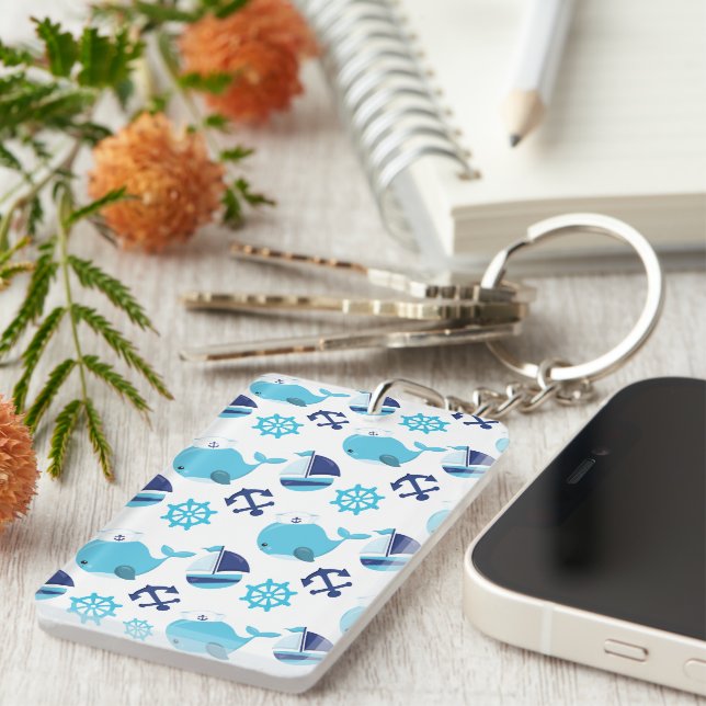 Pattern Of Whales, Cute Whales, Blue Whales Keychain (Front Right)