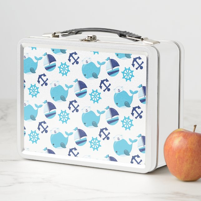 Pattern Of Whales, Cute Whales, Blue Whales Metal Lunch Box (In Situ)