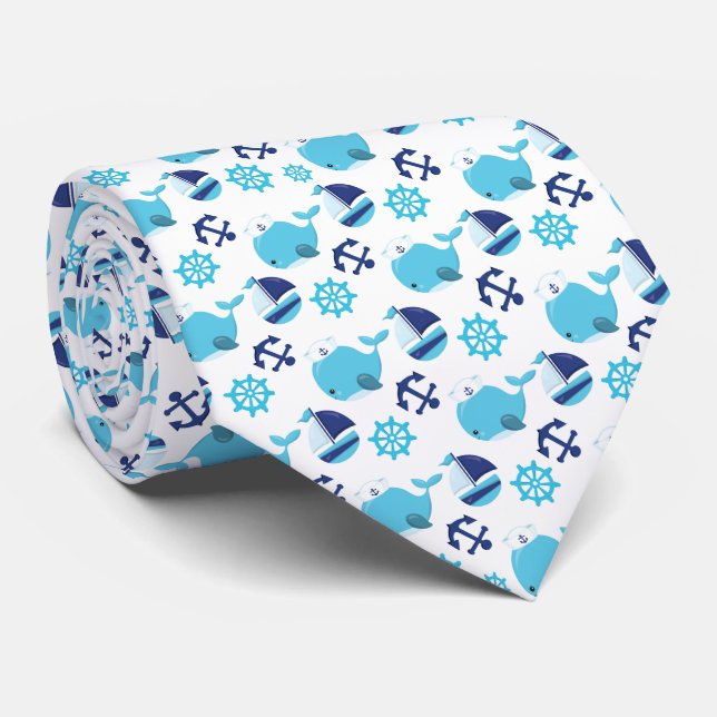 Pattern Of Whales, Cute Whales, Blue Whales Neck Tie (Rolled)