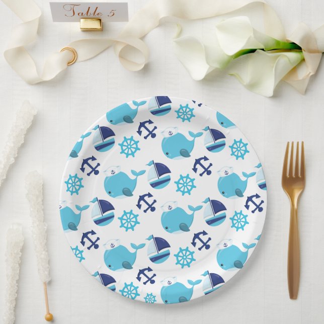 Pattern Of Whales, Cute Whales, Blue Whales Paper Plates (Wedding)
