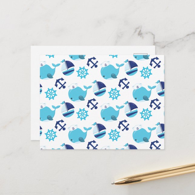 Pattern Of Whales, Cute Whales, Blue Whales Postcard (Front/Back In Situ)