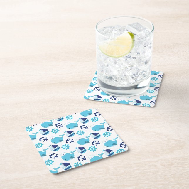Pattern Of Whales, Cute Whales, Blue Whales Square Paper Coaster (Insitu)