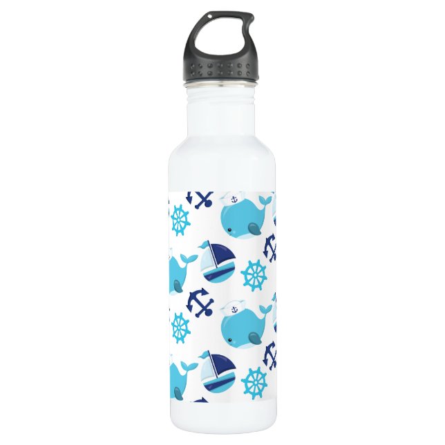 Pattern Of Whales, Cute Whales, Blue Whales Stainless Steel Water Bottle (Front)