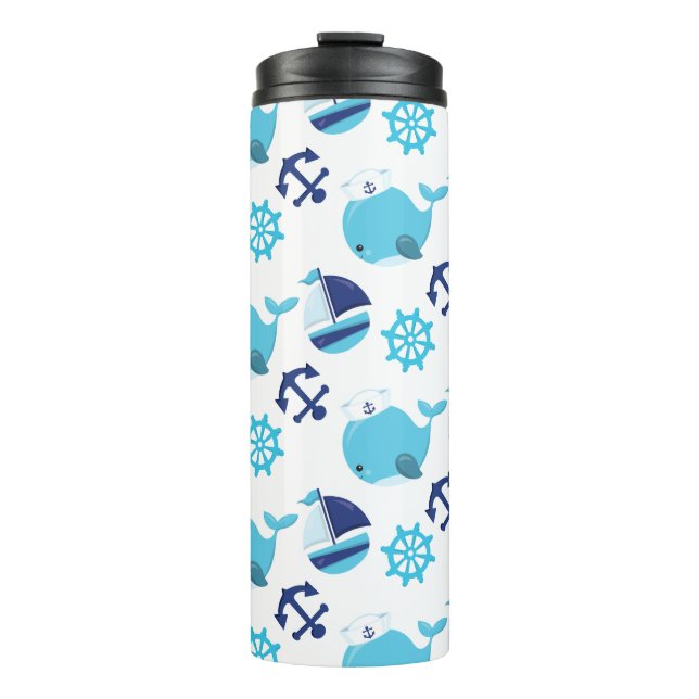 Pattern Of Whales, Cute Whales, Blue Whales Thermal Tumbler (Front)