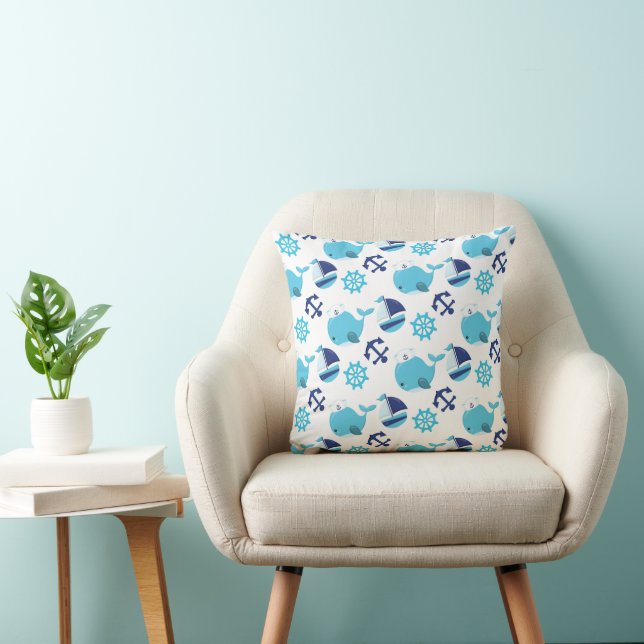 Pattern Of Whales, Cute Whales, Blue Whales Throw Pillow (Chair)