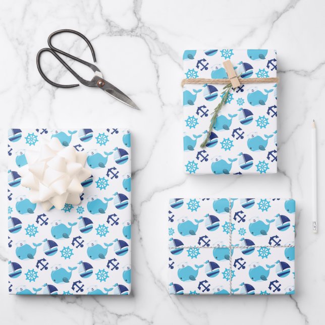 Pattern Of Whales, Cute Whales, Blue Whales Wrapping Paper Sheets (Front)